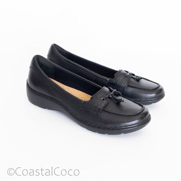 Clarks Women's Cora Haley Loafer Black Leather 7.5 Sleek Comfort Preppy Office - Picture 2 of 12